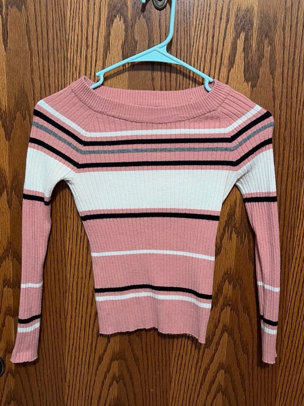 Fashion Nova Pink Striped Off-Shoulder Rib Knit Sweater